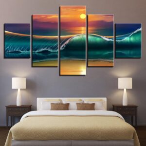 Sunset Beach Huge Waves Seascape - Nature 5 Panel Canvas Art Wall Decor