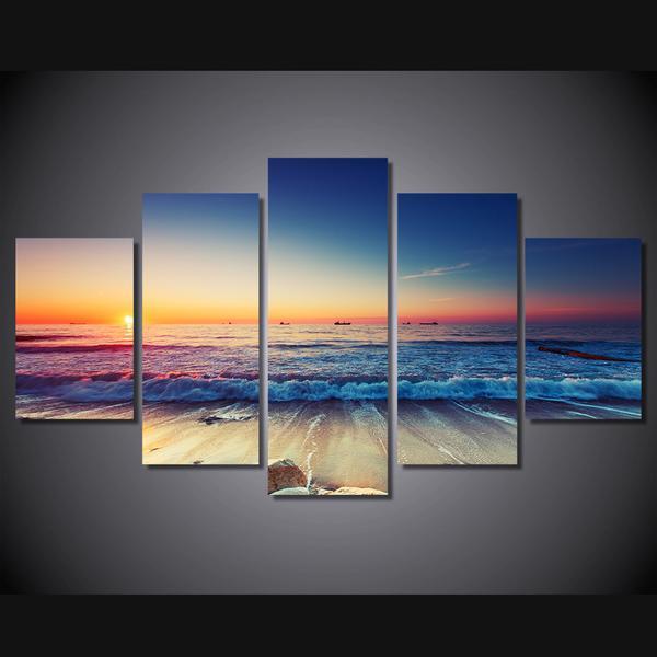 Sunset Beach Ocean Landscape - Nature 5 Panel Canvas Art Wall Decor Sunset Beach Ocean Landscape - Nature 5 Panel Canvas Art Wall Decor