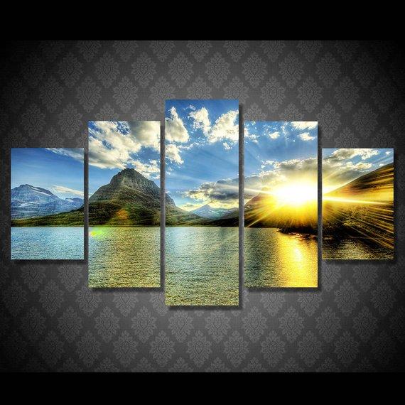 Sunset Behind Mountain - Nature 5 Panel Canvas Art Wall Decor Sunset Behind Mountain - Nature 5 Panel Canvas Art Wall Decor