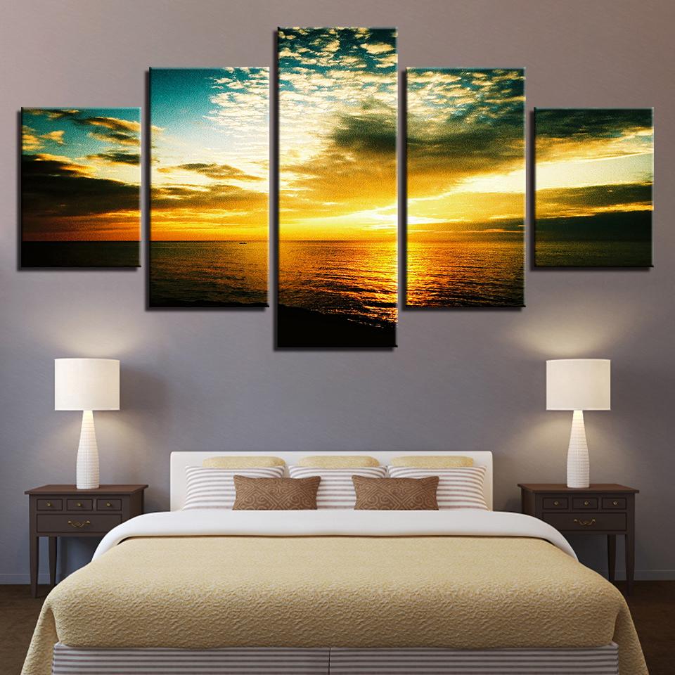 Sunset Calm Waves Seascape - Nature 5 Panel Canvas Art Wall Decor Sunset Calm Waves Seascape - Nature 5 Panel Canvas Art Wall Decor
