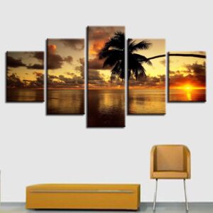 Sunset Coconut Trees Seaview - Nature 5 Panel Canvas Art Wall Decor