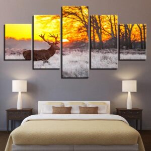 Sunset Deer 2 - Animal 5 Panel Canvas Art Wall Decor