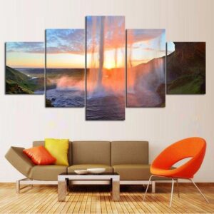 Sunset Falls - Nature 5 Panel Canvas Art Wall Decor