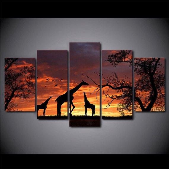 Sunset Giraffes Giraffe - Animal 5 Panel Canvas Art Wall Decor Sunset Giraffes Giraffe - Animal 5 Panel Canvas Art Wall Decor