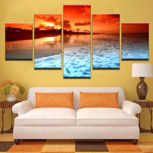 Sunset Glow Beach Sea Waves Seascape - Nature 5 Panel Canvas Art Wall Decor