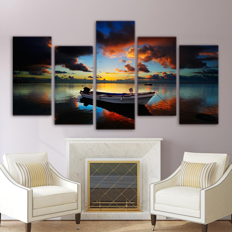 Sunset Glow Red Sky Sea Small Boats - Nature 5 Panel Canvas Art Wall Decor Sunset Glow Red Sky Sea Small Boats - Nature 5 Panel Canvas Art Wall Decor