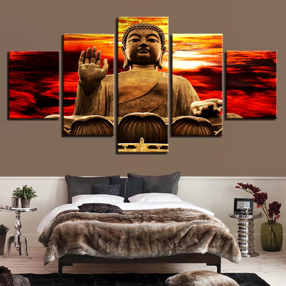 Sunset Golden Buddha Statue - Religion 5 Panel Canvas Art Wall Decor Sunset Golden Buddha Statue - Religion 5 Panel Canvas Art Wall Decor
