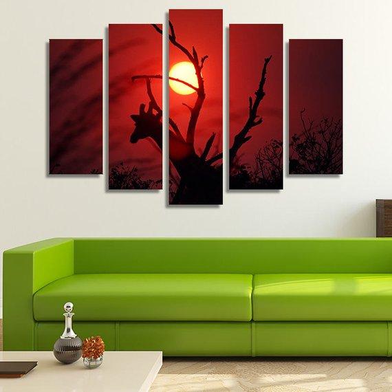 Sunset In Africa - Nature 5 Panel Canvas Art Wall Decor Sunset In Africa - Nature 5 Panel Canvas Art Wall Decor