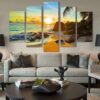 Sunset In The Beach 3 - Nature 5 Panel Canvas Art Wall Decor