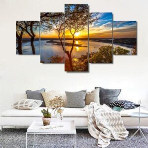 Sunset In The River Large - Nature 5 Panel Canvas Art Wall Decor