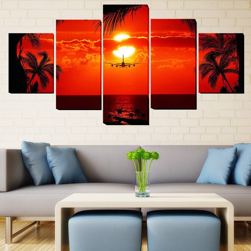Sunset & Landing Plane - Airplane 5 Panel Canvas Art Wall Decor Sunset & Landing Plane - Airplane 5 Panel Canvas Art Wall Decor