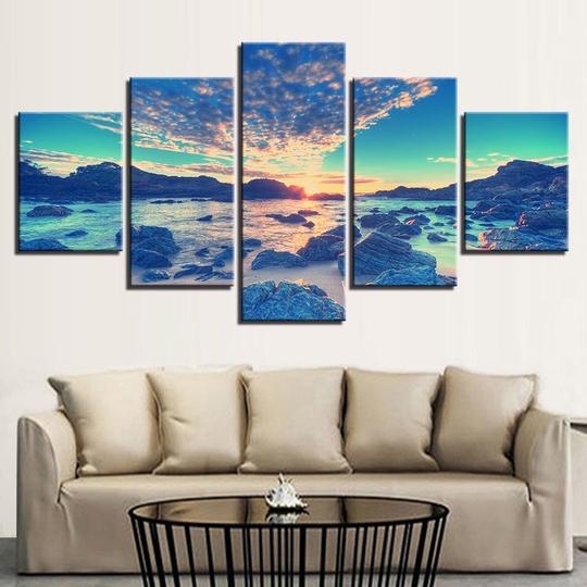 Sunset On A Rocky Shore - Space 5 Panel Canvas Art Wall Decor Sunset On A Rocky Shore - Space 5 Panel Canvas Art Wall Decor