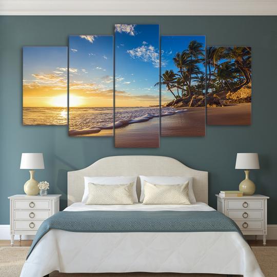 Sunset On A Tropical Beach - Ocean 5 Panel Canvas Art Wall Decor Sunset On A Tropical Beach - Ocean 5 Panel Canvas Art Wall Decor