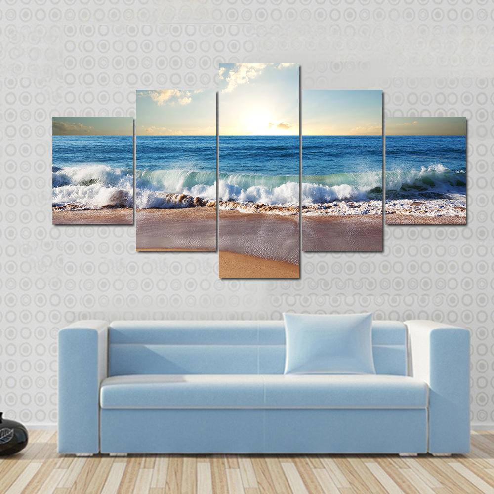 Sunset On Beach With Strong Ocean Waves - Nature 5 Panel Canvas Art Wall Decor Sunset On Beach With Strong Ocean Waves - Nature 5 Panel Canvas Art Wall Decor