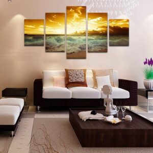 Sunset Over Golden Sands - Nature 5 Panel Canvas Art Wall Decor