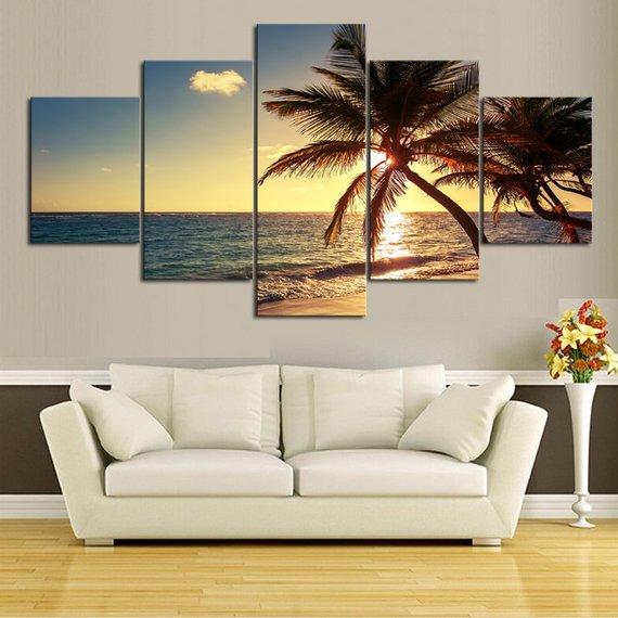 Sunset Palm - Nature 5 Panel Canvas Art Wall Decor Sunset Palm - Nature 5 Panel Canvas Art Wall Decor