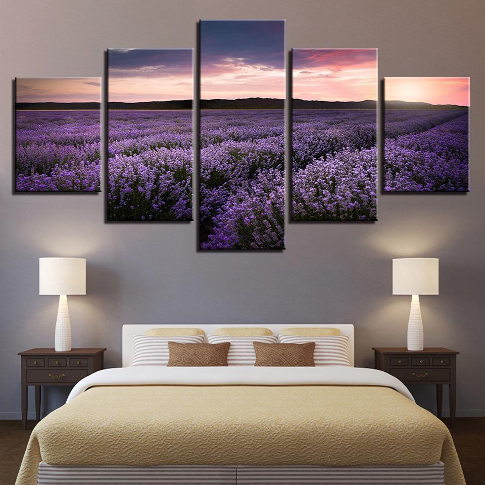 Sunset Purple Lavender Field Flowers - Nature 5 Panel Canvas Art Wall Decor Sunset Purple Lavender Field Flowers - Nature 5 Panel Canvas Art Wall Decor