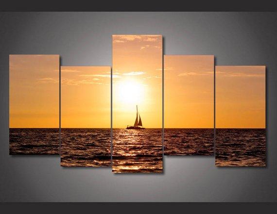 Sunset Sailing Large - Nature 5 Panel Canvas Art Wall Decor Sunset Sailing Large - Nature 5 Panel Canvas Art Wall Decor