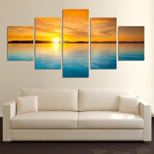 Sunset Sea Blue Water - Nature 5 Panel Canvas Art Wall Decor Sunset Sea Blue Water - Nature 5 Panel Canvas Art Wall Decor