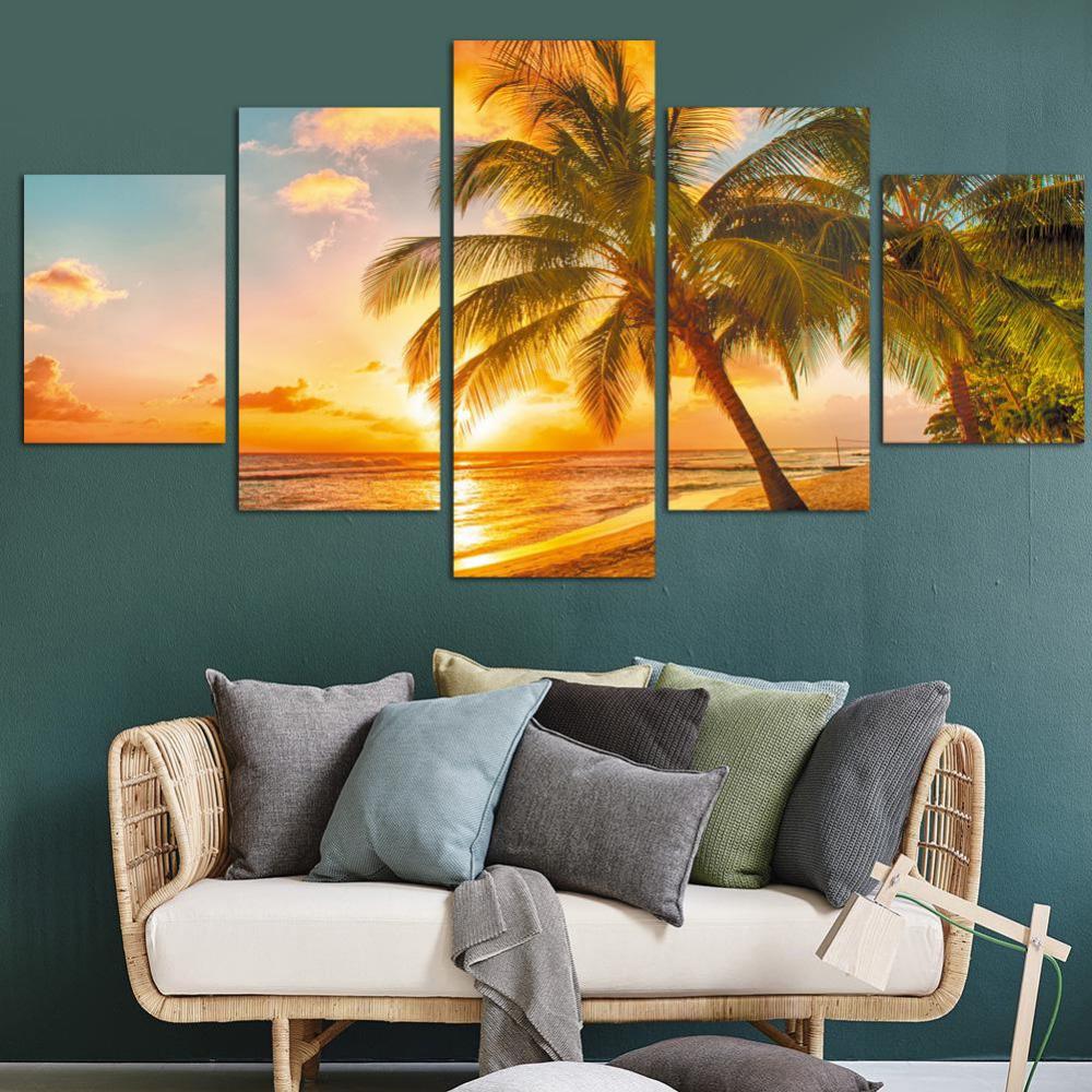 Sunset Seascape Beach Coconut Tree - Nature 5 Panel Canvas Art Wall Decor Sunset Seascape Beach Coconut Tree - Nature 5 Panel Canvas Art Wall Decor