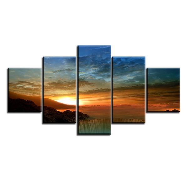 Sunset & Sunrise At Waterfall - Nature 5 Panel Canvas Art Wall Decor Sunset & Sunrise At Waterfall - Nature 5 Panel Canvas Art Wall Decor