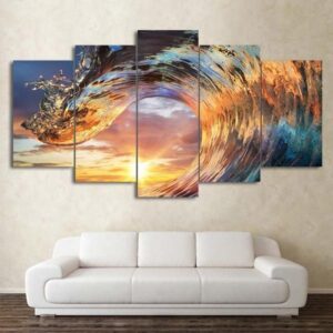 Sunset Surfing - Nature 5 Panel Canvas Art Wall Decor