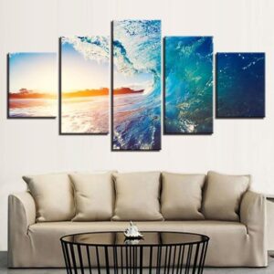 Sunset Through A Breaking Wave - Nature 5 Panel Canvas Art Wall Decor