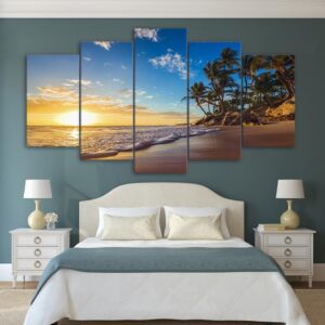 Sunset Tropical Beach Palm Tree Seascape - Nature 5 Panel Canvas Art Wall Decor
