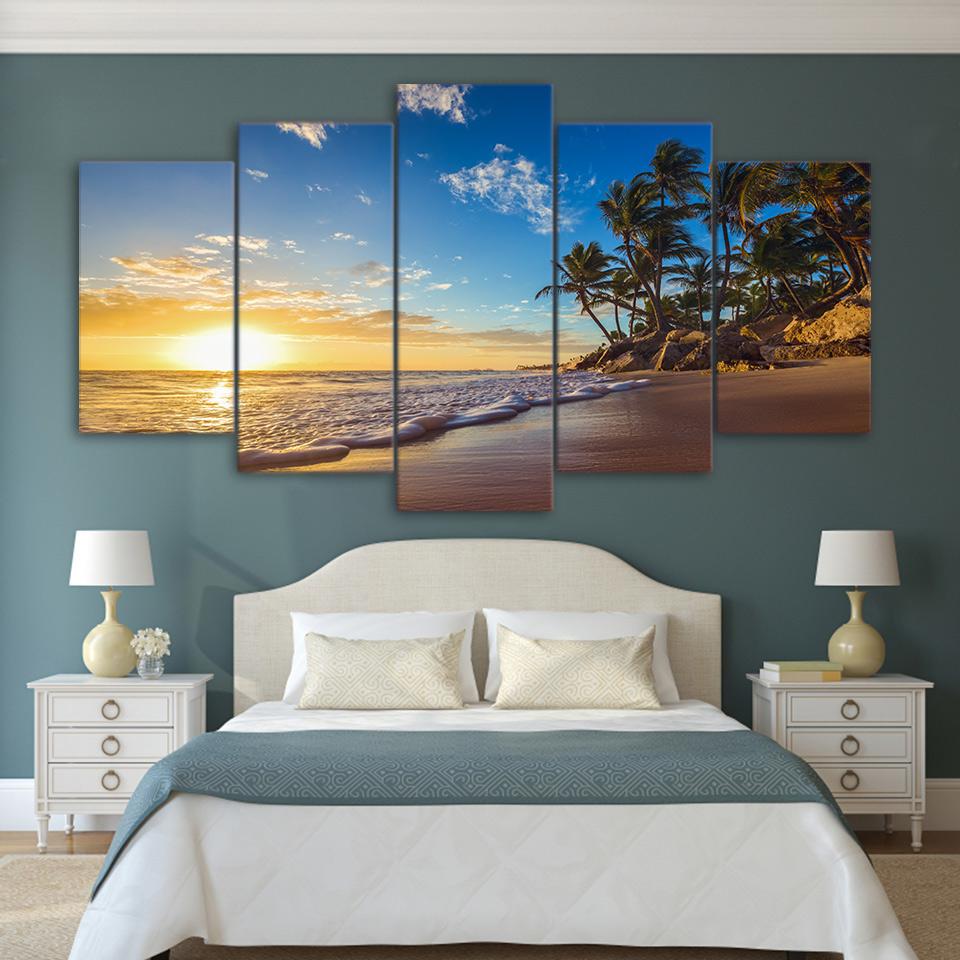 Sunset Tropical Beach Palm Tree Seascape - Nature 5 Panel Canvas Art Wall Decor Sunset Tropical Beach Palm Tree Seascape - Nature 5 Panel Canvas Art Wall Decor