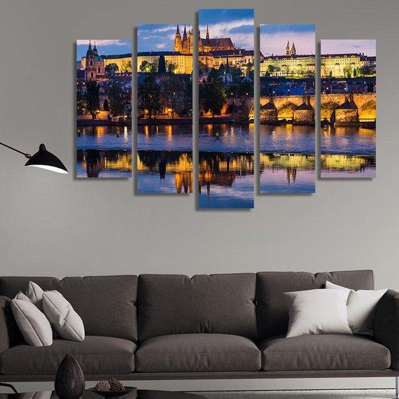 Sunset With Reflection On Vltava River - Nature 5 Panel Canvas Art Wall Decor Sunset With Reflection On Vltava River - Nature 5 Panel Canvas Art Wall Decor