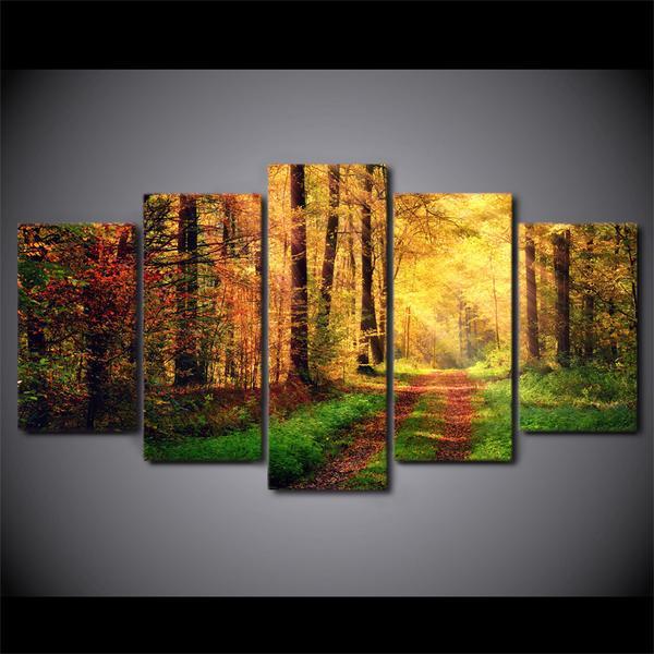 Sunshine Autumn Yellow Forest - Nature 5 Panel Canvas Art Wall Decor Sunshine Autumn Yellow Forest - Nature 5 Panel Canvas Art Wall Decor
