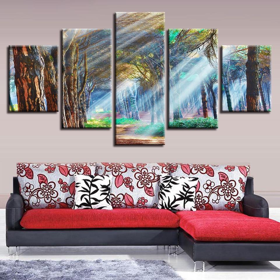 Sunshine Through The Trees - Nature 5 Panel Canvas Art Wall Decor Sunshine Through The Trees - Nature 5 Panel Canvas Art Wall Decor