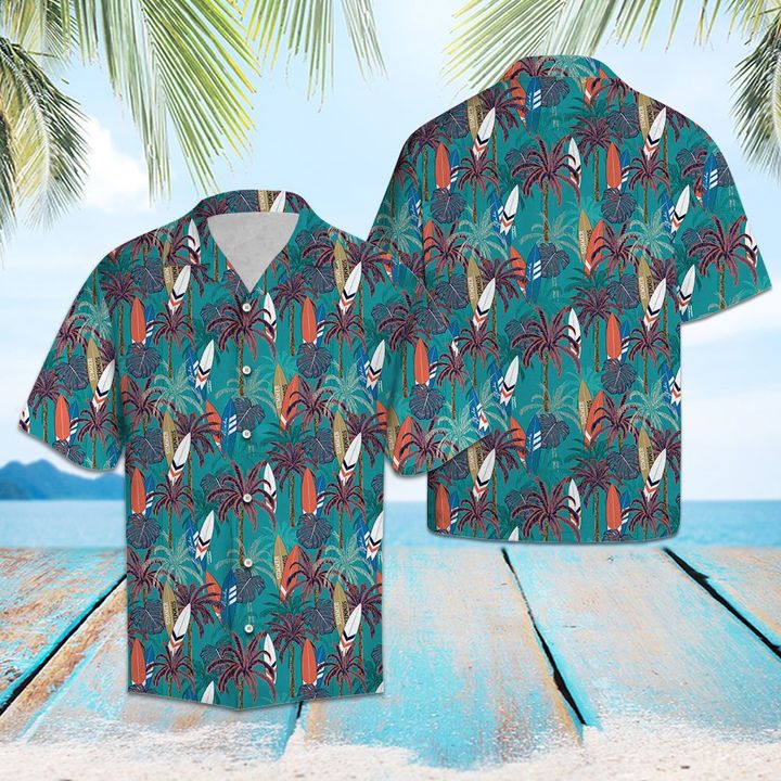 Surfboard Coconut Palm Hawaiian Shirt Summer Button Up Surfboard Coconut Palm Hawaiian Shirt Summer Button Up