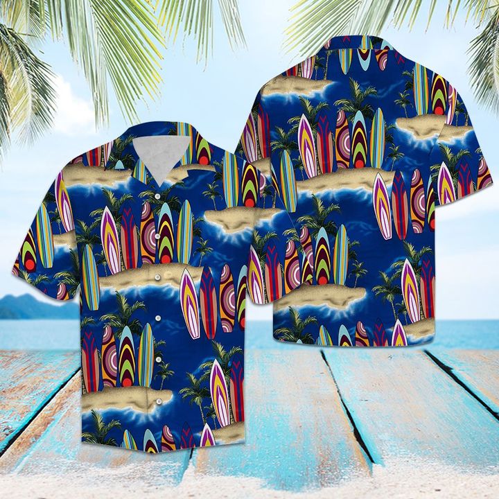 Surfboard Palm Tree Hawaiian Shirt Summer Button Up Surfboard Palm Tree Hawaiian Shirt Summer Button Up
