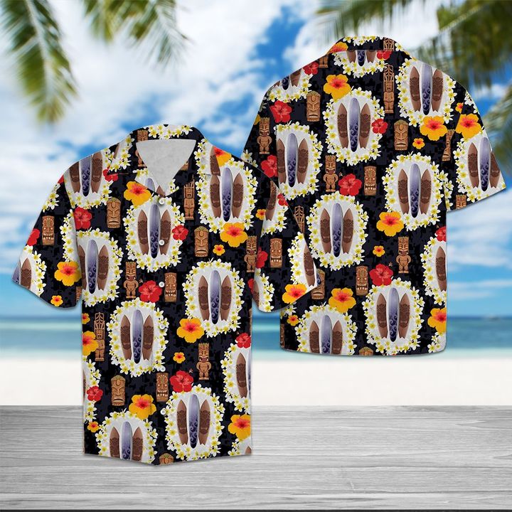 Surfboard Tiki Pattern Hawaiian Shirt Summer Button Up Surfboard Tiki Pattern Hawaiian Shirt Summer Button Up