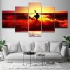 Surfer Surfing Red Sunset - Sport 5 Panel Canvas Art Wall Decor