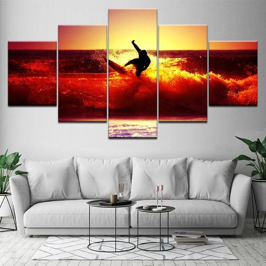 Surfer Surfing Red Sunset - Sport 5 Panel Canvas Art Wall Decor Surfer Surfing Red Sunset - Sport 5 Panel Canvas Art Wall Decor