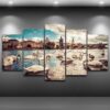 Swans Lake City Building - Animal 5 Panel Canvas Art Wall Decor