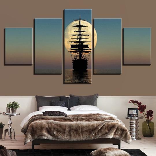 Tall Ship Sailing Into The Full Moon - Space 5 Panel Canvas Art Wall Decor Tall Ship Sailing Into The Full Moon - Space 5 Panel Canvas Art Wall Decor
