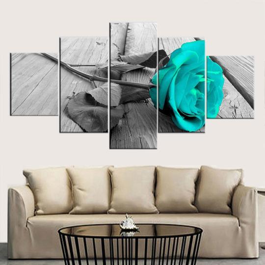 Teal Rose On Wood Deck - Nature 5 Panel Canvas Art Wall Decor Teal Rose On Wood Deck - Nature 5 Panel Canvas Art Wall Decor