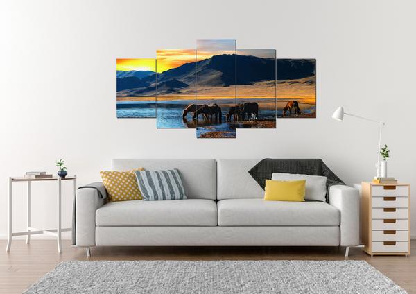 Team Of Horses Grazing & Watering - Animal 5 Panel Canvas Art Wall Decor Team Of Horses Grazing & Watering - Animal 5 Panel Canvas Art Wall Decor