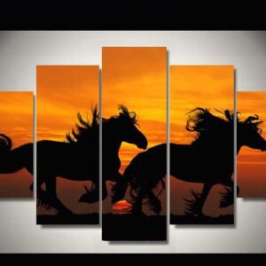 Team Of Horses Silhouette - Animal 5 Panel Canvas Art Wall Decor