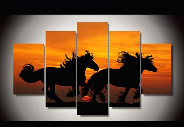 Team Of Horses Silhouette - Animal 5 Panel Canvas Art Wall Decor Team Of Horses Silhouette - Animal 5 Panel Canvas Art Wall Decor