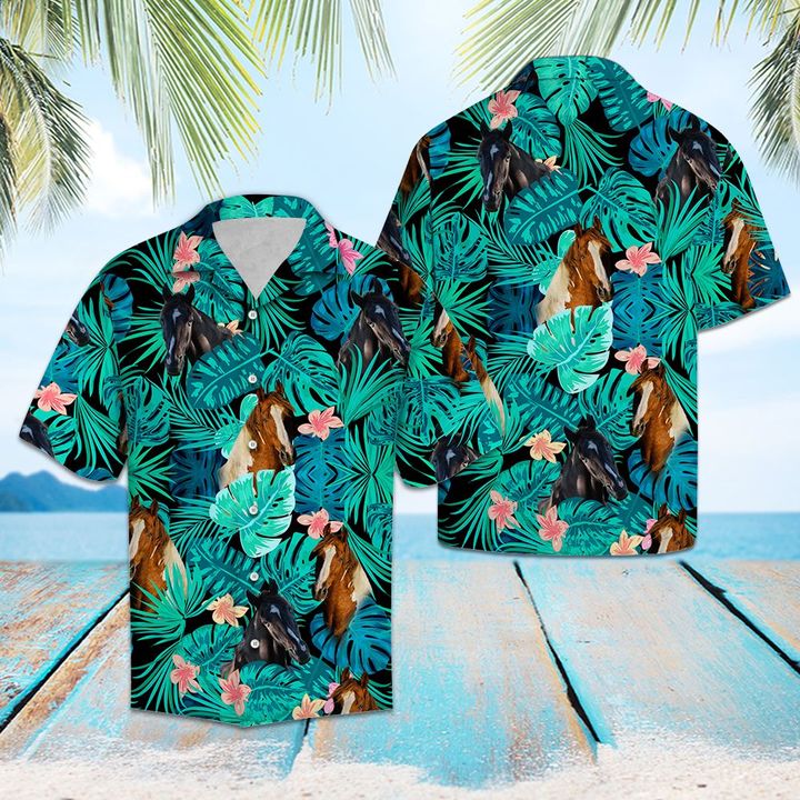 Tennessee Walking Horse Green Tropical Hawaiian Shirt Summer Button Up Tennessee Walking Horse Green Tropical Hawaiian Shirt Summer Button Up