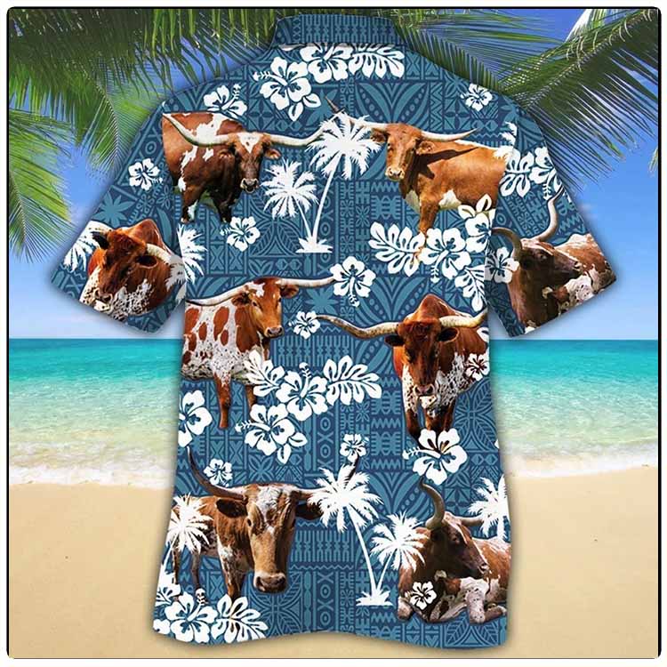 Texas Longhorn Cattle Blue Tribal Hawaiian Shirt Texas Longhorn Cattle Blue Tribal Hawaiian Shirt