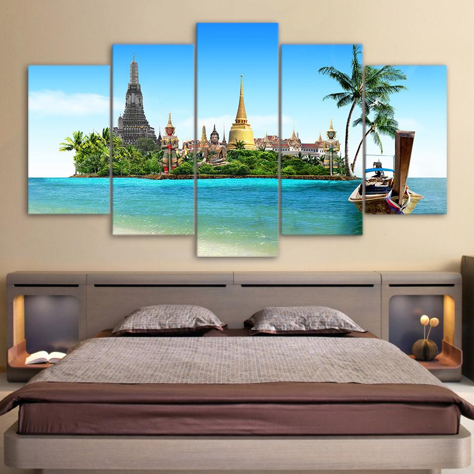 Thiland Pattay Buddha Temple in sea - Nature 5 Panel Canvas Art Wall Decor Thiland Pattay Buddha Temple in sea - Nature 5 Panel Canvas Art Wall Decor