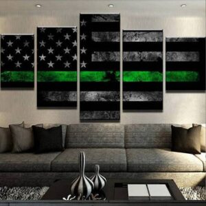 Thin Green Line Flag - Abstract 5 Panel Canvas Art Wall Decor