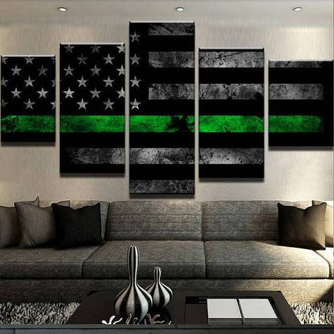 Thin Green Line Flag - Abstract 5 Panel Canvas Art Wall Decor Thin Green Line Flag - Abstract 5 Panel Canvas Art Wall Decor