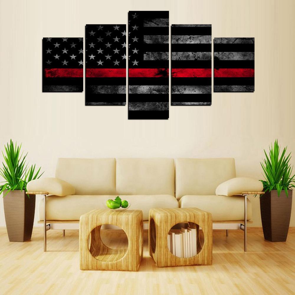 Thin Red Line Flag - Abstract 5 Panel Canvas Art Wall Decor Thin Red Line Flag - Abstract 5 Panel Canvas Art Wall Decor