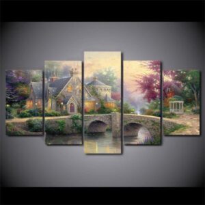 Thomas Kinkade Fairy Fantasy Castle Landscape - Nature 5 Panel Canvas Art Wall Decor